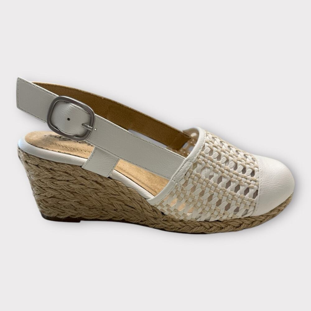 Easy Street Taffy Espadrille Wedge Slingback Sandal Womens 6N‎ White Woven Upper